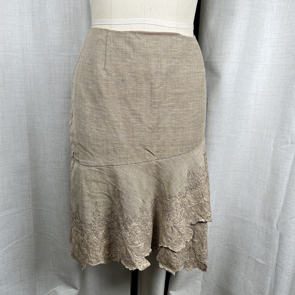 Lafayette 148 Asymmetric Midi Skirt Beige Tan Wool Linen Lace Scalloped Sz 10
